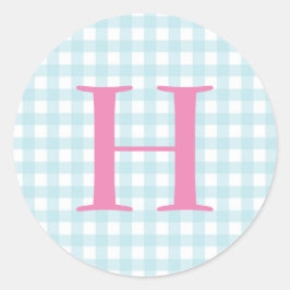 Blue Gingham Monogram Ronde Sticker