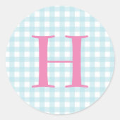 Blue Gingham Monogram Ronde Sticker (Voorkant)