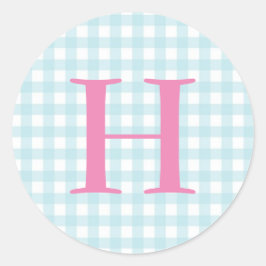 Blue Gingham Monogram Ronde Sticker