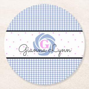 Blue Gingham Monogrammed Ronde Kartonnen Onderzetter