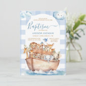 Blue Gingham Noah's Ark Leuke Dieren Doop Kaart (Staand voorkant)