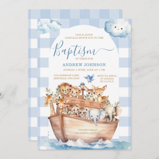 Blue Gingham Noah's Ark Leuke Dieren Doop Kaart (Voorkant / Achterkant)