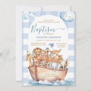 Blue Gingham Noah's Ark Leuke Dieren Doop Kaart