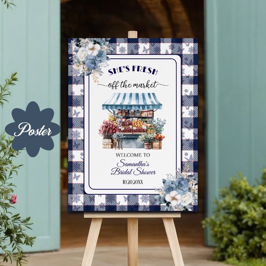 Blue Gingham Off the Market Bridal Shower  Poster
