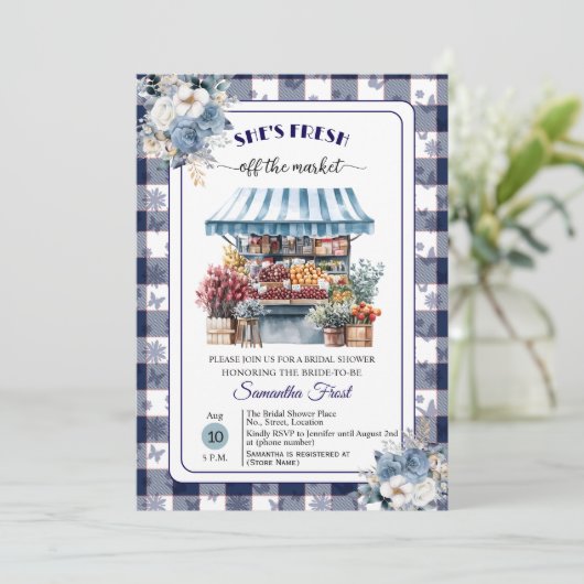 Blue Gingham Off the Market QR Code Bridal Shower  Kaart (Staand voorkant)