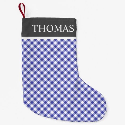 Blue Gingham Offblack Collar - aangepaste naam Kleine Kerstsok (Voorkant)