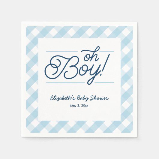 Blue Gingham "Oh Boy" Baby shower Napkins Servetten (Voorkant)