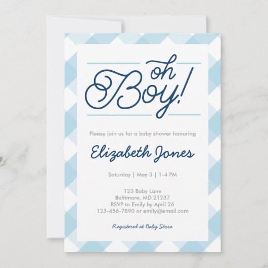Blue Gingham "Oh Boy" Baby Shower Uitnodigingen (Voorkant)