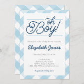 Blue Gingham "Oh Boy" Baby Shower Uitnodigingen (Voorkant / Achterkant)