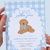 Blue Gingham One Golden Year 1st Birthday Puppy Kaart