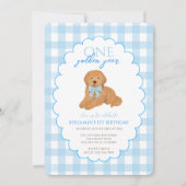 Blue Gingham One Golden Year 1st Birthday Puppy Kaart (Voorkant)