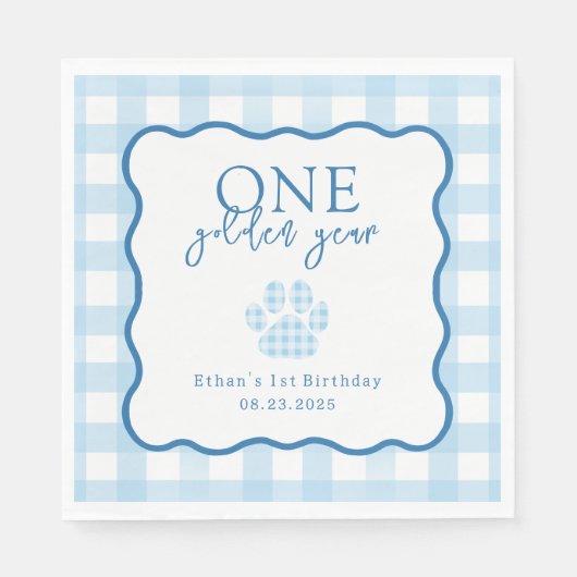 Blue Gingham One Golden Year Boys First Birthday Servet (Voorkant)