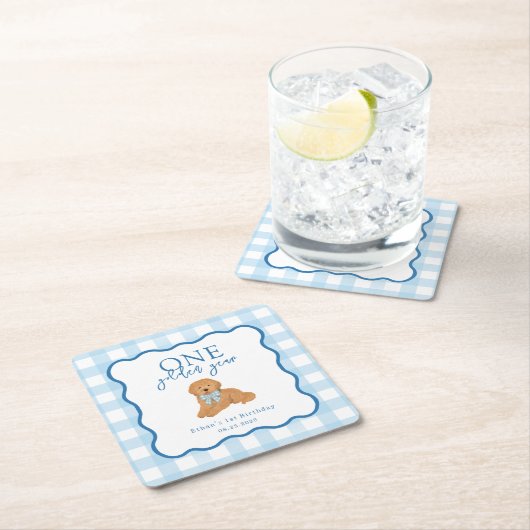 Blue Gingham One Golden Year First Birthday Kartonnen Onderzetters (Insitu)