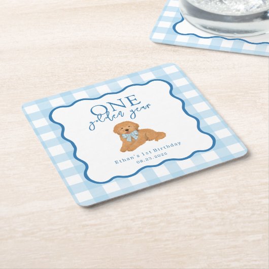 Blue Gingham One Golden Year First Birthday Kartonnen Onderzetters (Schuin)