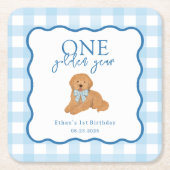 Blue Gingham One Golden Year First Birthday Kartonnen Onderzetters (Voorkant)