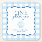 Blue Gingham One Golden Year First Birthday Kartonnen Onderzetters (Voorkant)