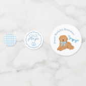 Blue Gingham One Golden Year Puppy Birthday Table Confetti (Voorkanten)