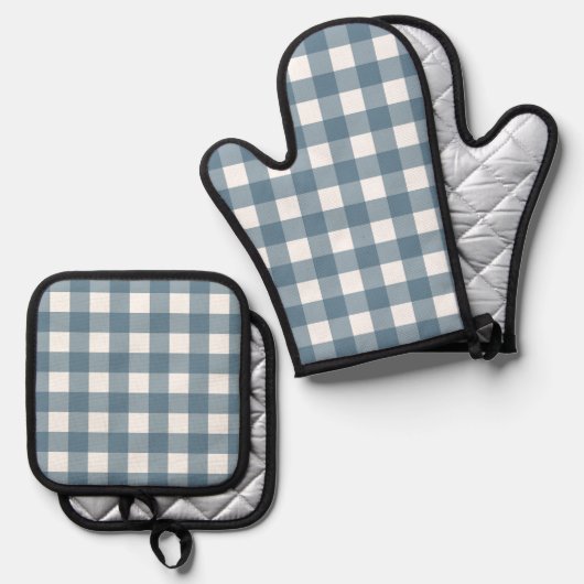 Blue Gingham Pattern Ovenwant & Pannenlap Set (Voorkant / Achterkant)