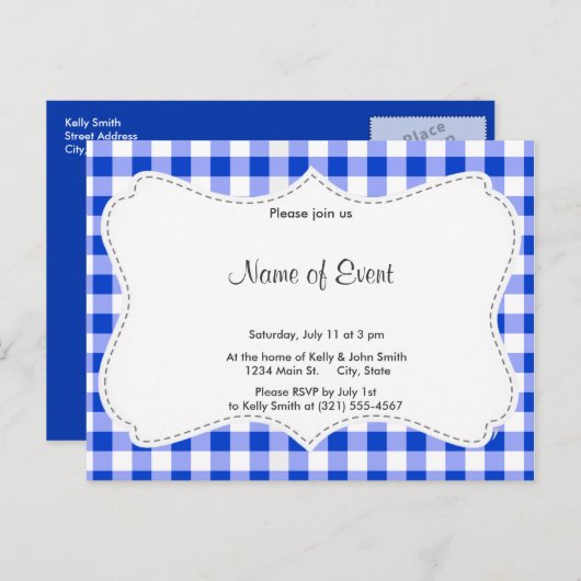 Blue Gingham Pattern Uitnodiging Briefkaart (Voorkant / Achterkant)