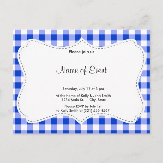 Blue Gingham Pattern Uitnodiging Briefkaart (Voorkant)