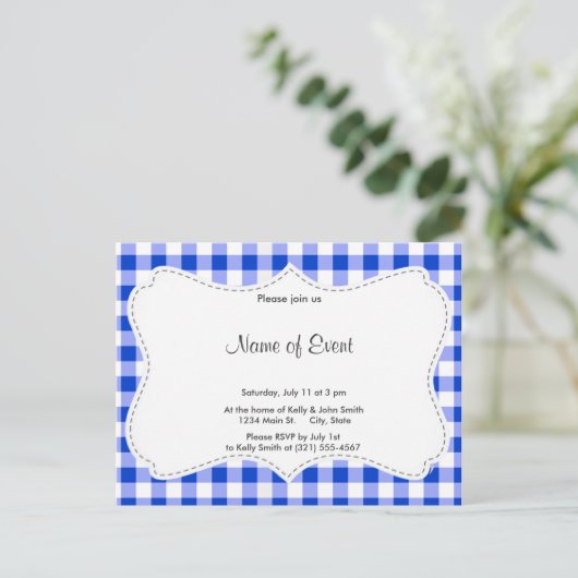 Blue Gingham Pattern Uitnodiging Briefkaart (Staand voorkant)