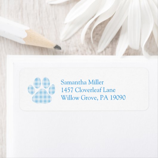 Blue Gingham Paw Print Retouradres Label (Insitu)