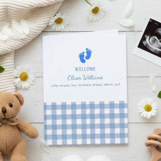 Blue Gingham Personalized Baby Welcome Card  Kaart