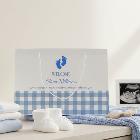 Blue Gingham Personalized Baby Welcome Gift Bag  Groot Cadeauzakje