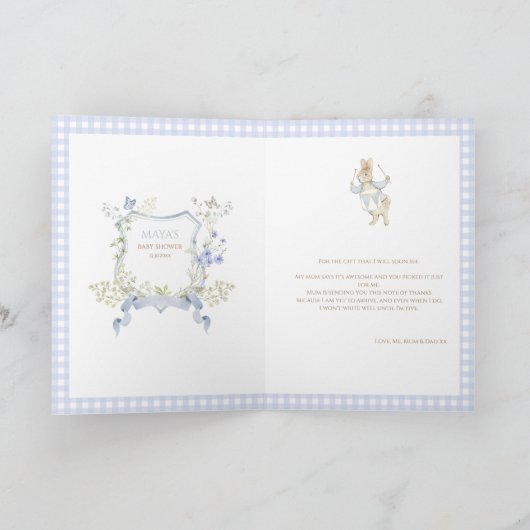 Blue Gingham Peter de Konijn Baby Showe Dank u Kaart (Binnen)