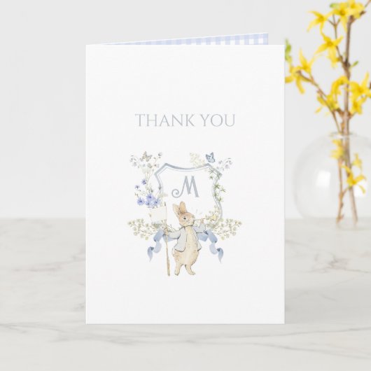 Blue Gingham Peter de Konijn Baby Showe Dank u Kaart (Gele Bloem)