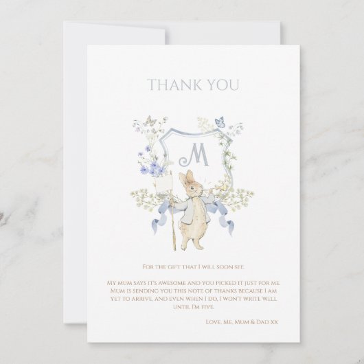 Blue Gingham Peter the Rabbit Baby shower MUTED BL Bedankkaart (Voorkant)