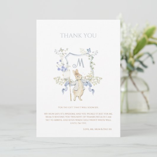 Blue Gingham Peter the Rabbit Baby shower MUTED BL Bedankkaart (Staand voorkant)