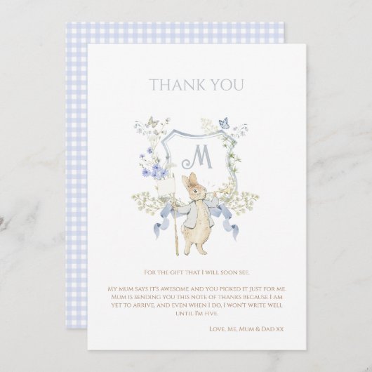Blue Gingham Peter the Rabbit Baby shower MUTED BL Bedankkaart (Voorkant / Achterkant)