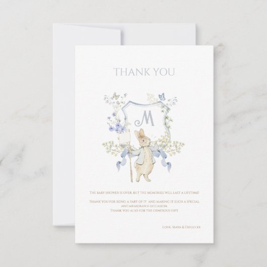 Blue Gingham Peter the Rabbit Baby shower MUTED BL Bedankkaart (Voorkant)