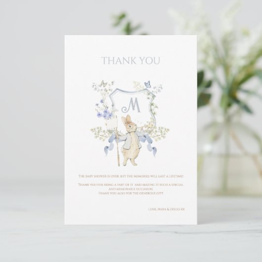 Blue Gingham Peter the Rabbit Baby shower MUTED BL Bedankkaart (Staand voorkant)