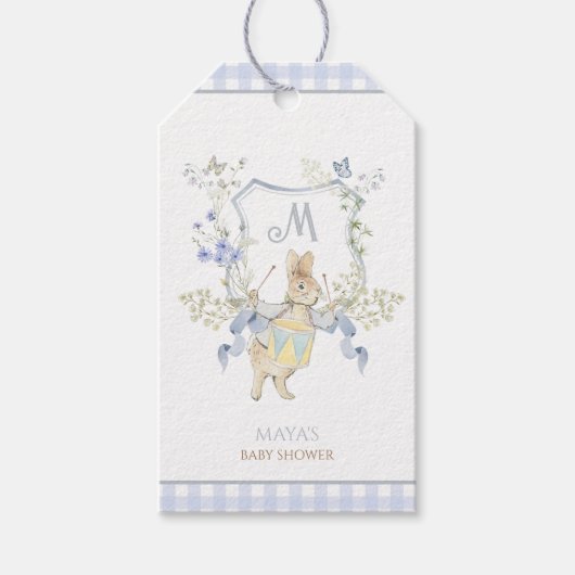 Blue Gingham Peter the Rabbit Baby shower MUTED BL Cadeaulabel (Voorkant)