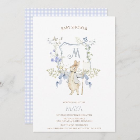 Blue Gingham Peter the Rabbit Baby shower MUTED BL Kaart (Voorkant / Achterkant)