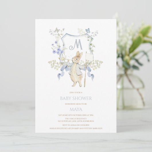Blue Gingham Peter the Rabbit Baby shower MUTED BL Kaart (Staand voorkant)