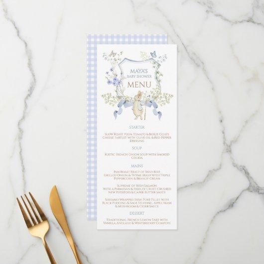 Blue Gingham Peter the Rabbit Baby shower MUTED BL Menu (Voorkant / Achterkant in situ)