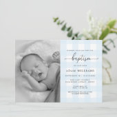 Blue Gingham Photo Baptism Invitation Kaart (Staand voorkant)