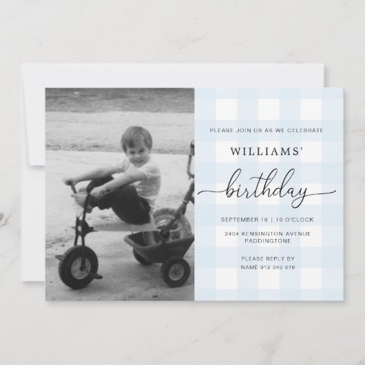 Blue Gingham Photo Birthday Invitation Kaart (Voorkant)