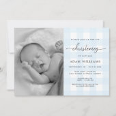 Blue Gingham Photo Christening Invitation Kaart (Voorkant)
