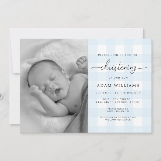 Blue Gingham Photo Christening Invitation Kaart (Voorkant)