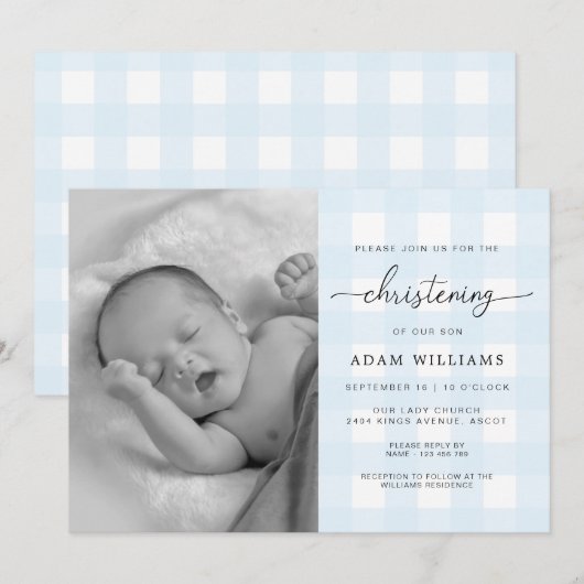 Blue Gingham Photo Christening Invitation Kaart (Voorkant / Achterkant)