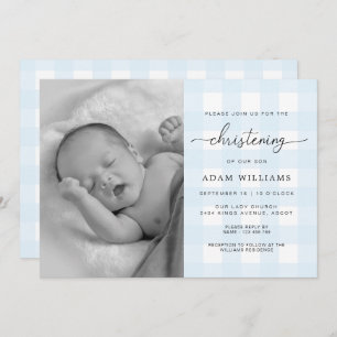 Blue Gingham Photo Christening Invitation Kaart