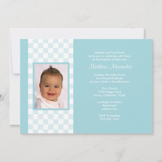 Blue Gingham Photo Invitation Kaart (Voorkant)