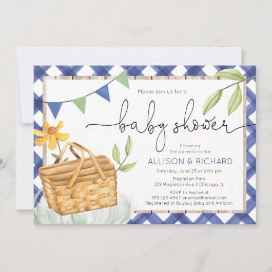 Blue gingham picknick baby shower picknick in het  kaart (Voorkant)