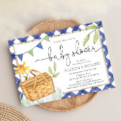 Blue gingham picknick baby shower picknick in het  kaart