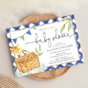 Blue gingham picknick baby shower picknick in het kaart