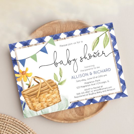Blue gingham picknick baby shower picknick in het  kaart